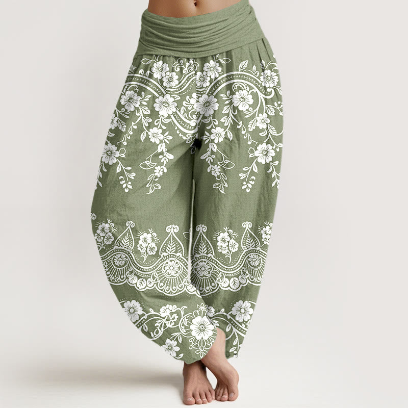Buddha Stones Cotton Traditional Flower Vine Leaf Pattern Women's Elastic Waist Harem Pants - DarkSeaGreen - US16,UK/AU20,EU48 (3XL) - image 5