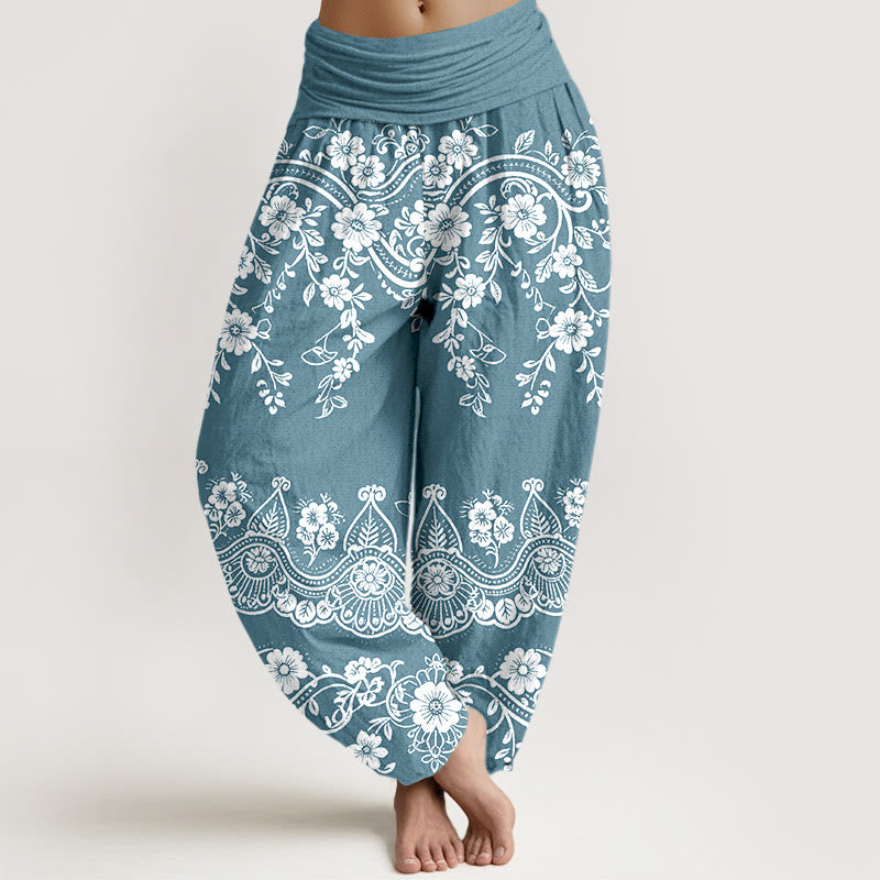 Buddha Stones Cotton Traditional Flower Vine Leaf Pattern Women's Elastic Waist Harem Pants - SkyBlue - US16,UK/AU20,EU48 (3XL) - image 8