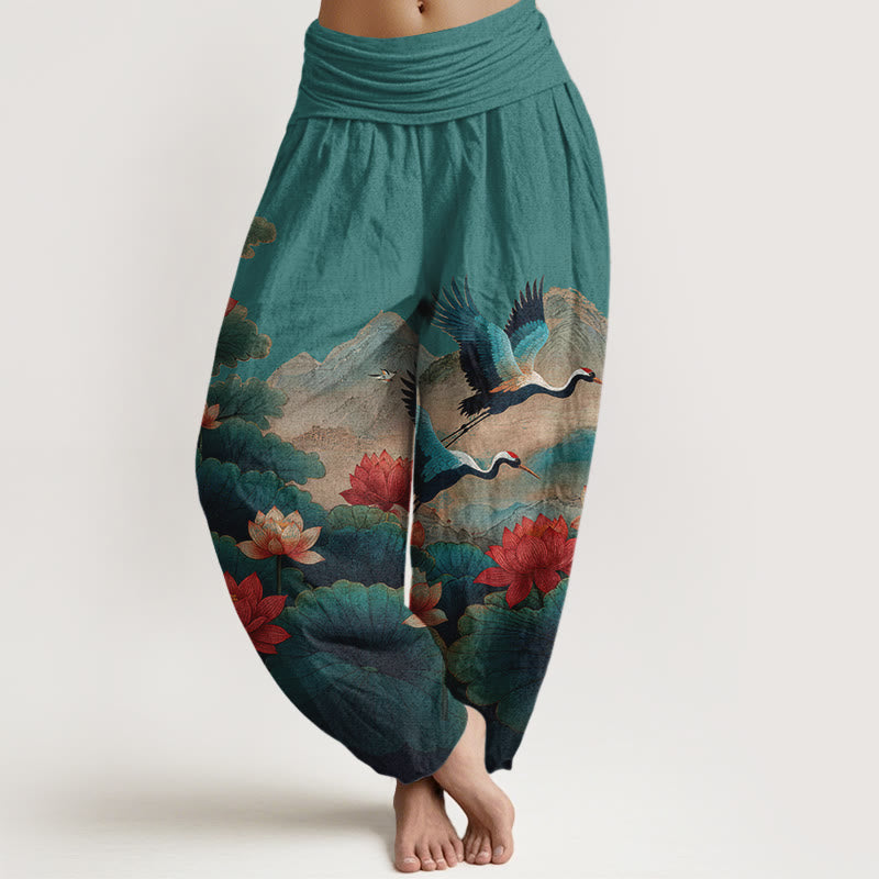 Buddha Stones Cotton Classical Lotus Flower Leaf Crane Mountain Pattern Women's Elastic Waist Harem Pants - Teal - US16,UK/AU20,EU48 (3XL) - image 5