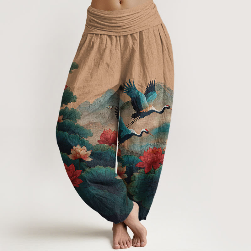 Buddha Stones Cotton Classical Lotus Flower Leaf Crane Mountain Pattern Women's Elastic Waist Harem Pants - SandyBrown - US16,UK/AU20,EU48 (3XL) - image 8