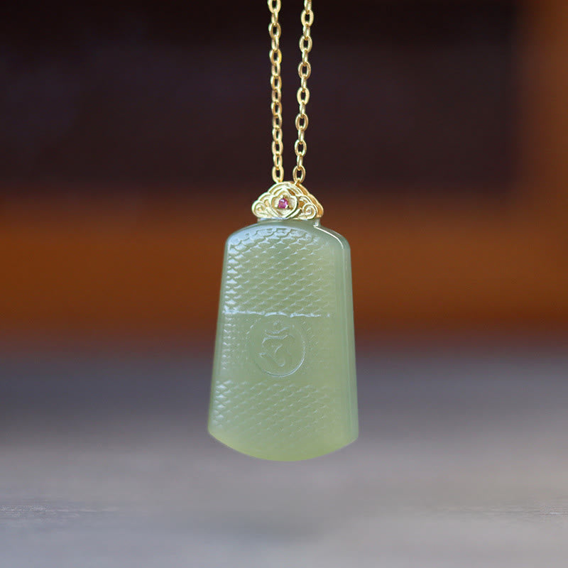 Buddha Stones Hetian Jade 925 Sterling Silver Om Symbol Prosperity Necklace Pendant - Hetian Jade 925 Sterling Silver - image 1