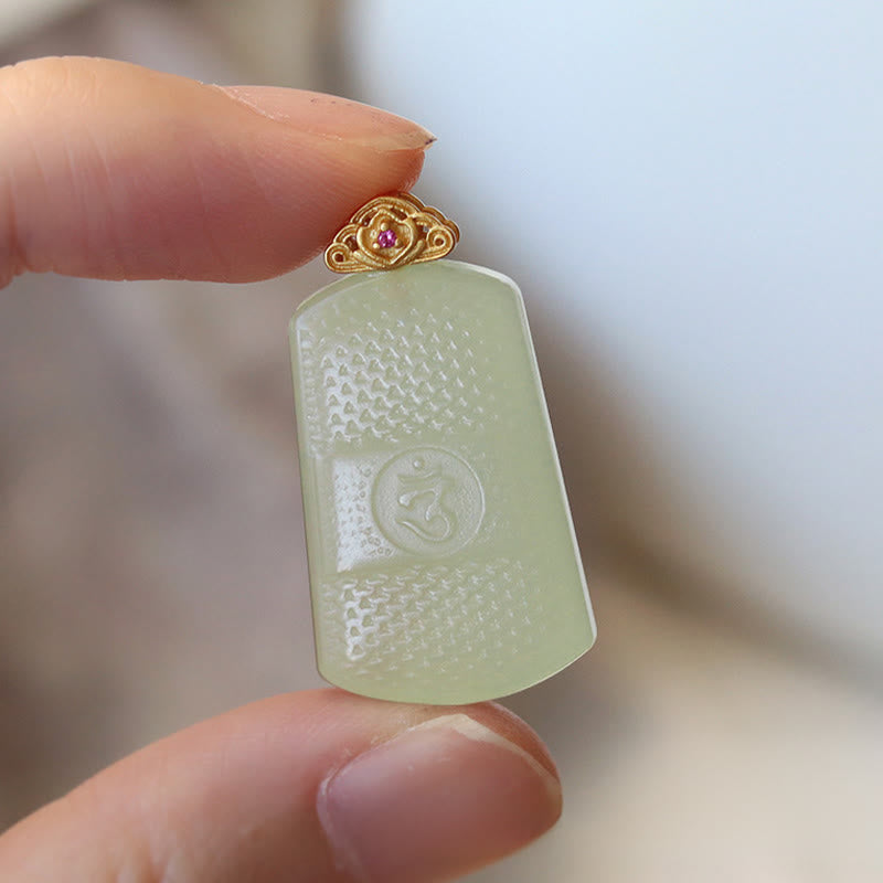 Buddha Stones Hetian Jade 925 Sterling Silver Om Symbol Prosperity Necklace Pendant - image 2