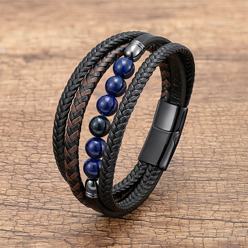 Buddha Stones Tiger Eye Lava Rock Black Onyx Lazurite Lapis Lazuli Hematite Bead Positive Leather Bracelet - Lazurite - 18-22cm - image 8