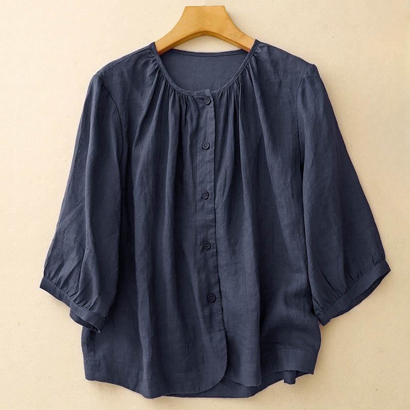 Buddha Stones Plain Button Crew Neck Design Women's Blend Three Quarter Sleeve Shirt - Navy - US12,UK/AU16,EU44 (2XL) - image 0