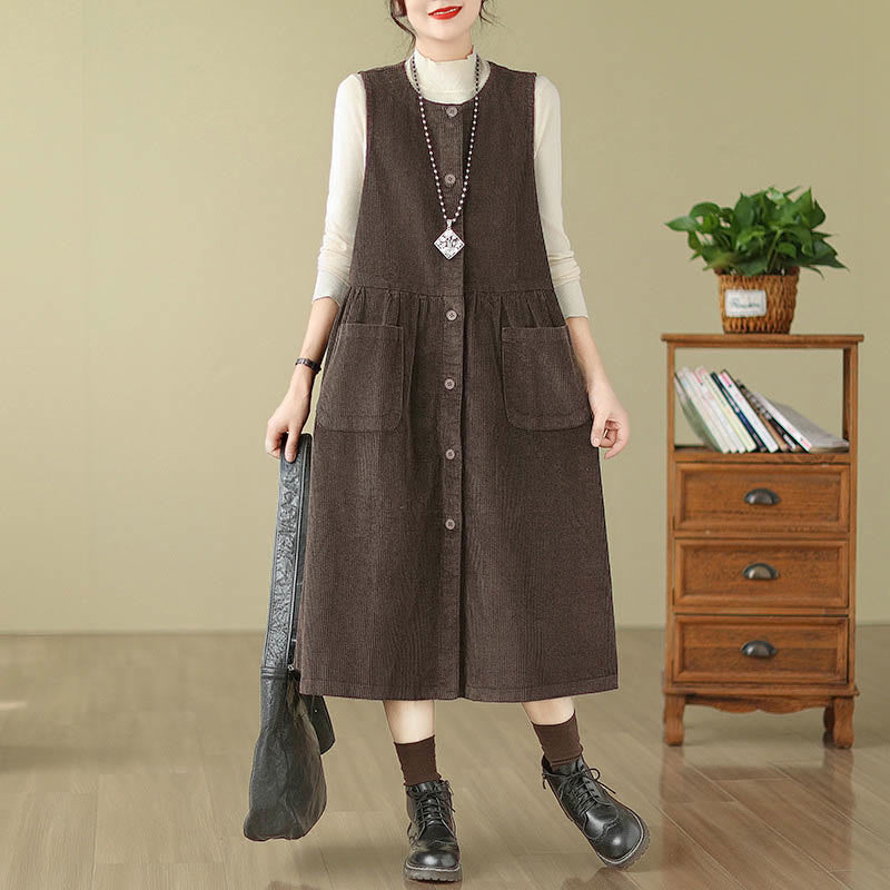 Buddha Stones Fall Retro Buttons Design Corduroy Sleeveless Midi Dress With Pockets - SaddleBrown - US12,UK/AU16,EU44 (3XL) - image 0