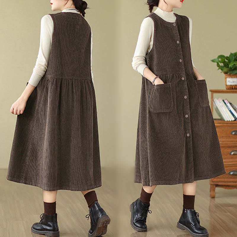 Buddha Stones Fall Retro Buttons Design Corduroy Sleeveless Midi Dress With Pockets - image 3