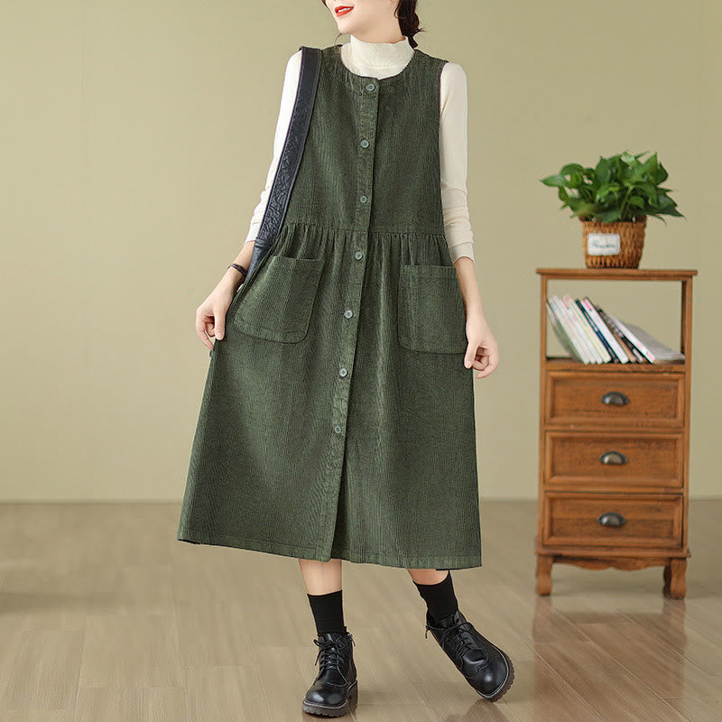 Buddha Stones Fall Retro Buttons Design Corduroy Sleeveless Midi Dress With Pockets - DarkGreen - US12,UK/AU16,EU44 (3XL) - image 5