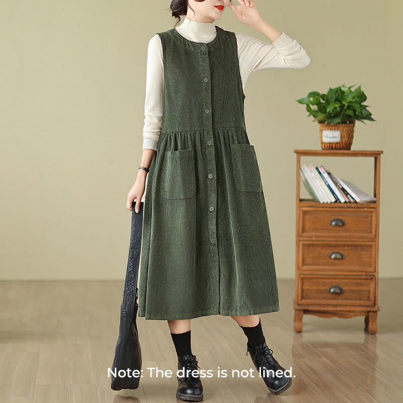 Buddha Stones Fall Retro Buttons Design Corduroy Sleeveless Midi Dress With Pockets - image 6