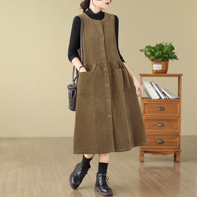 Buddha Stones Fall Retro Buttons Design Corduroy Sleeveless Midi Dress With Pockets - DarkGoldenrod - US12,UK/AU16,EU44 (3XL) - image 11