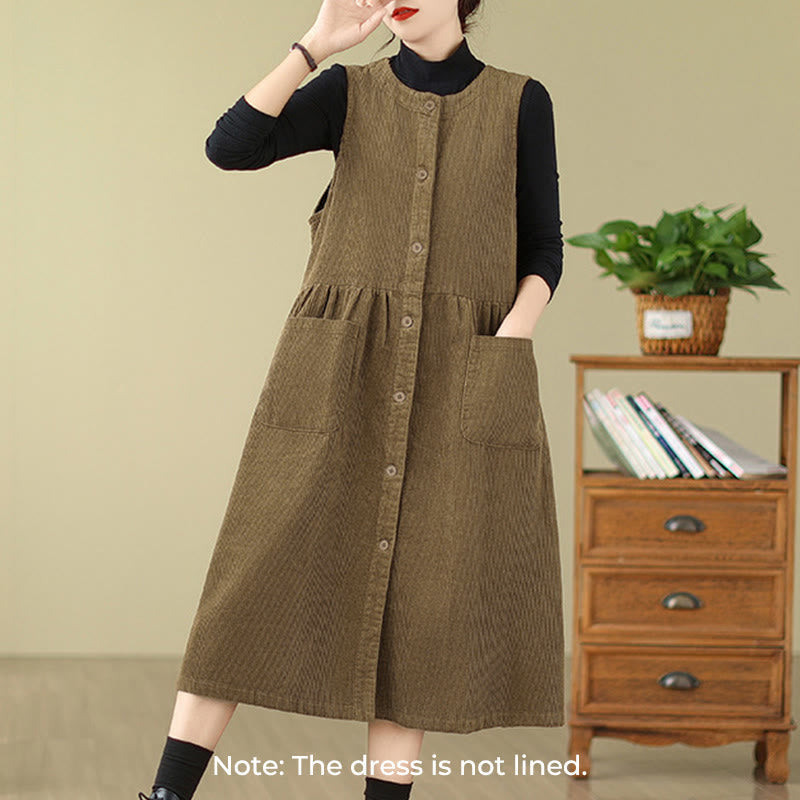 Buddha Stones Fall Retro Buttons Design Corduroy Sleeveless Midi Dress With Pockets - image 12