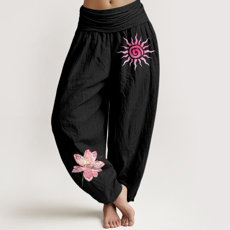 Buddha Stones Cotton Lotus Flower Sun Pattern Women's Elastic Waist Harem Pants - Black - US16,UK/AU20,EU48 (3XL) - image 0