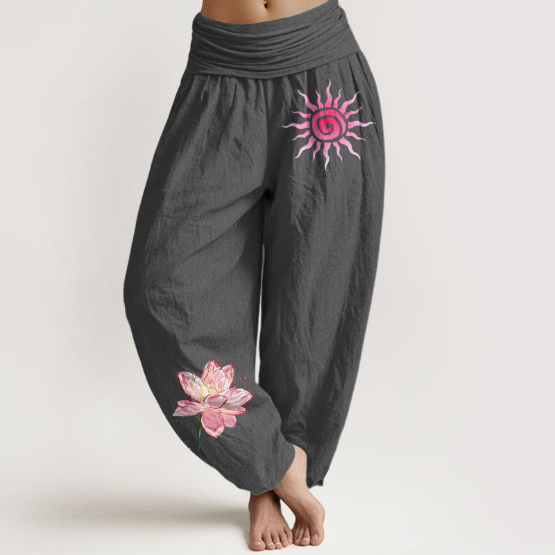 Buddha Stones Cotton Lotus Flower Sun Pattern Women's Elastic Waist Harem Pants - DimGray - US16,UK/AU20,EU48 (3XL) - image 8
