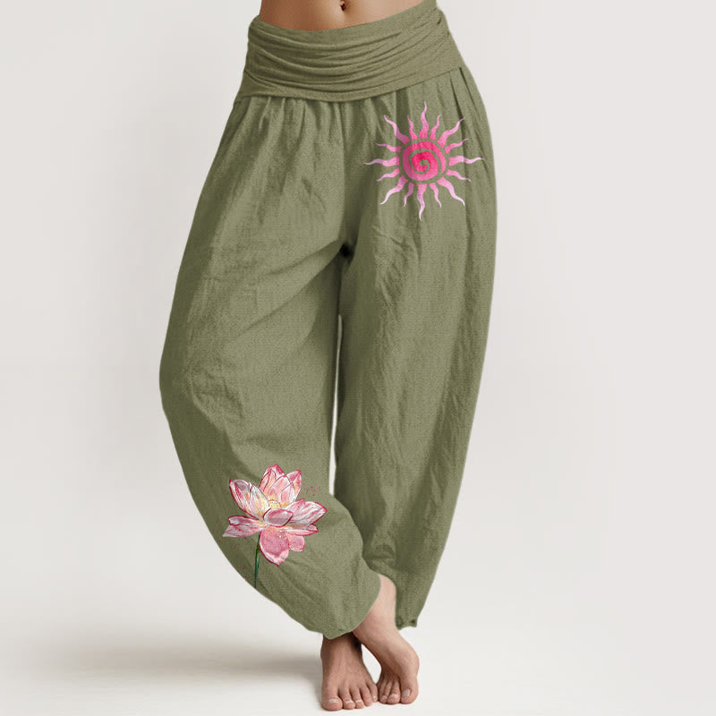 Buddha Stones Cotton Lotus Flower Sun Pattern Women's Elastic Waist Harem Pants - OliveDrab - US16,UK/AU20,EU48 (3XL) - image 14