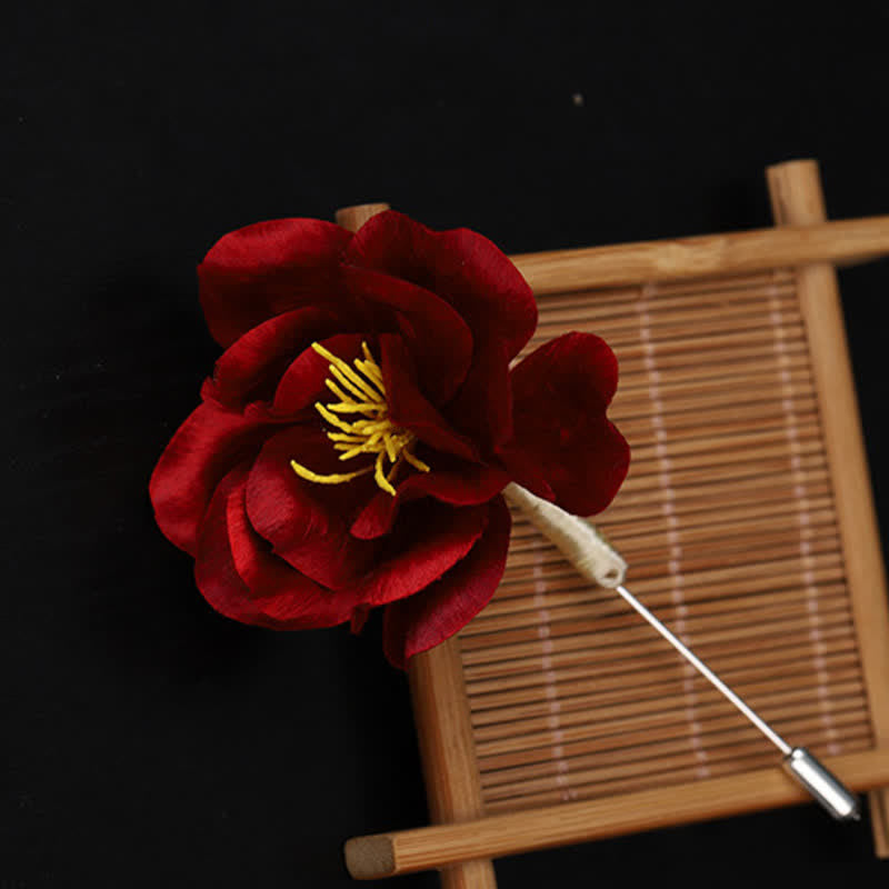 Buddha Stones Cultural Heritage Handcrafted Silk Art Red Camellia Blessing Sincerity Brooch - image 6