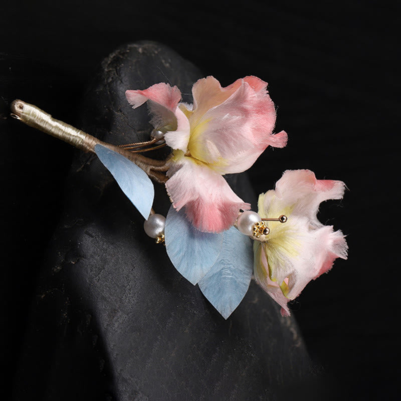 Buddha Stones Handcrafted Silk Art Pink Iris Flower Protection Brooch - image 8