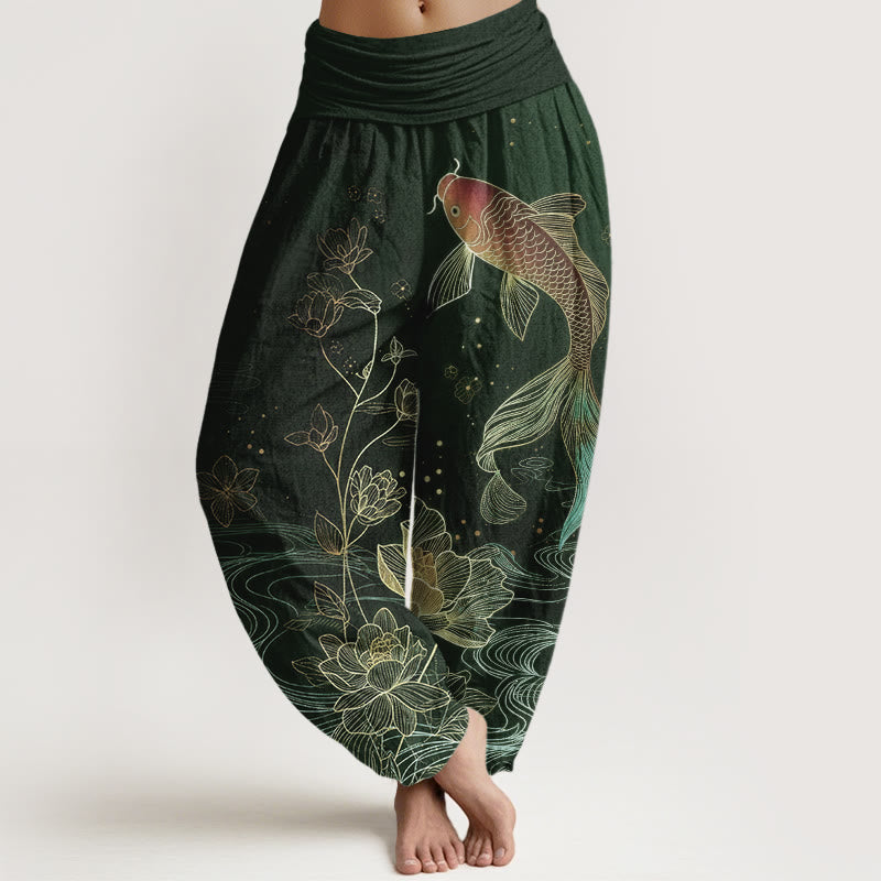 Buddha Stones Lotus Koi Fish Pattern Women's Elastic Waist Pure Cotton Harem Pants - DarkGreen - US16,UK/AU20,EU48 (3XL) - image 8
