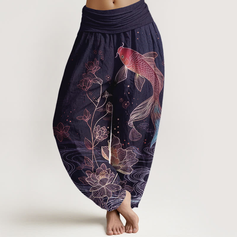 Buddha Stones Lotus Koi Fish Pattern Women's Elastic Waist Pure Cotton Harem Pants - Indigo - US16,UK/AU20,EU48 (3XL) - image 5