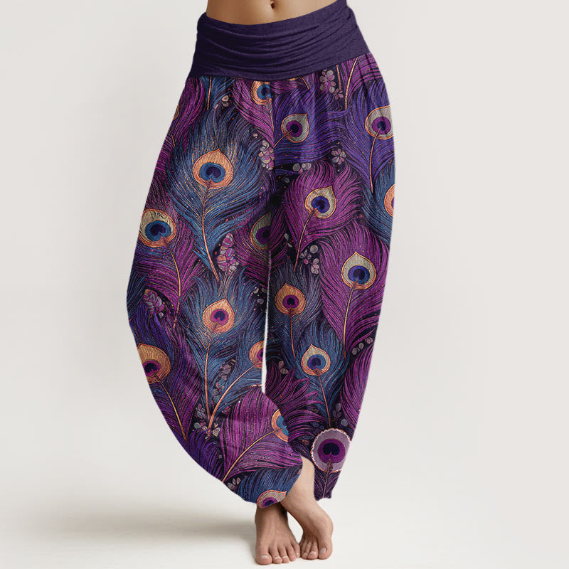 Buddha Stones Peacock Feathers Pattern Pure Cotton Women's Elastic Waist Harem Pants - DarkOrchid - US16,UK/AU20,EU48 (3XL) - image 0