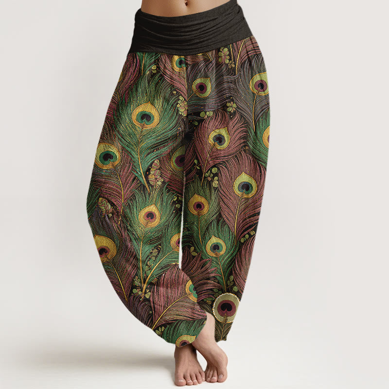 Buddha Stones Peacock Feathers Pattern Pure Cotton Women's Elastic Waist Harem Pants - DarkOliveGreen - US16,UK/AU20,EU48 (3XL) - image 5