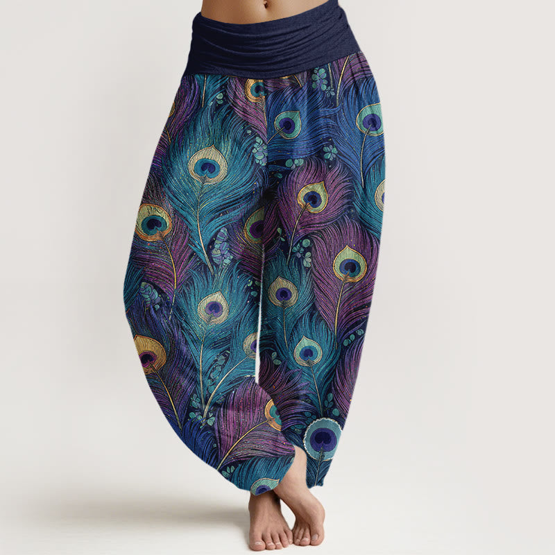 Buddha Stones Peacock Feathers Pattern Pure Cotton Women's Elastic Waist Harem Pants - SteelBlue - US16,UK/AU20,EU48 (3XL) - image 8