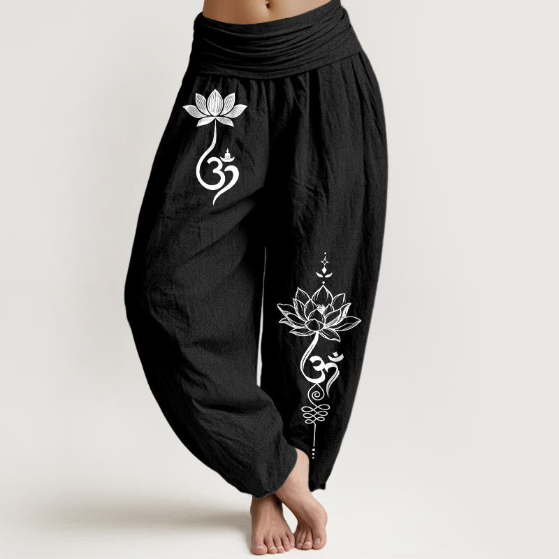 Buddha Stones Cotton Lotus Flower Om Pattern Women's Elastic Waist Harem Pants - Black - US16,UK/AU20,EU48 (3XL) - image 5