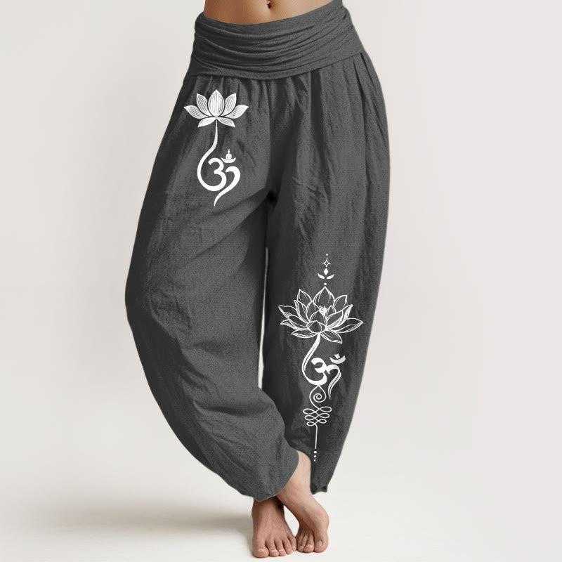 Buddha Stones Cotton Lotus Flower Om Pattern Women's Elastic Waist Harem Pants - DimGray - US16,UK/AU20,EU48 (3XL) - image 0