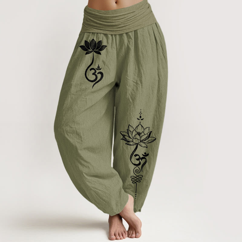 Buddha Stones Cotton Lotus Flower Om Pattern Women's Elastic Waist Harem Pants - OliveDrab - US16,UK/AU20,EU48 (3XL) - image 14