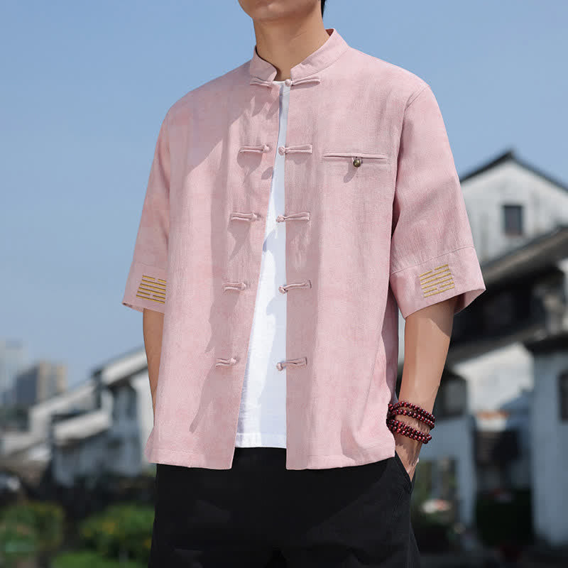 Buddha Stones Frog-Button Mottled Pattern Embroidery Short Sleeve Tang Suit Men's Linen Shirt - LightPink - US/UK/AU46,EU56 (5XL) - image 12