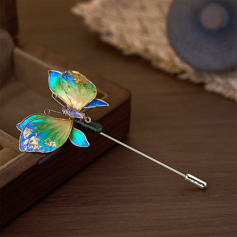Buddha Stones Handcrafted Silk Art Velvet Flower Blue Green Gradient Butterfly Brooch - image 1