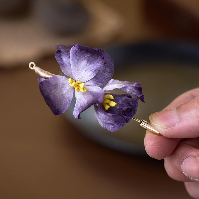 Buddha Stones Handcrafted Silk Art Velvet Flower Light Purple Iris Flower Brooch - image 2