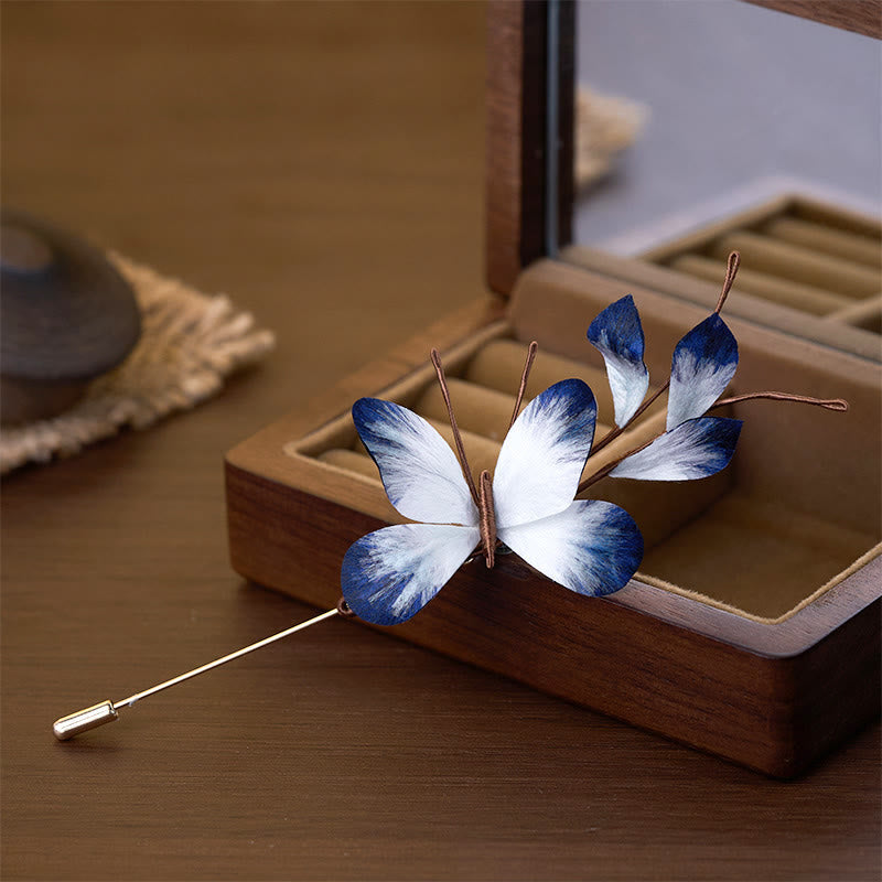 Buddha Stones Handcrafted Silk Art Velvet Flower White Butterfly Brooch - image 1