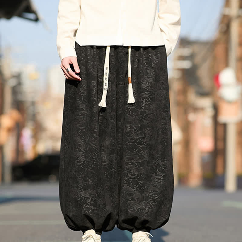 Buddha Stones Black Jacquard Drawstring Elastic Cuff Men's Harem Pants With Pockets - image 0