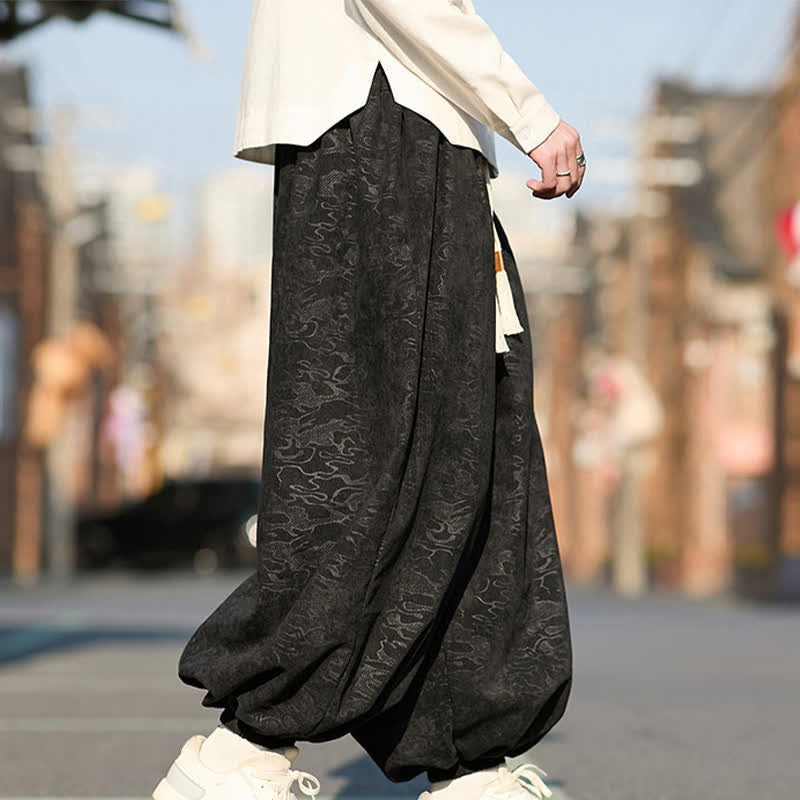 Buddha Stones Black Jacquard Drawstring Elastic Cuff Men's Harem Pants With Pockets - image 6