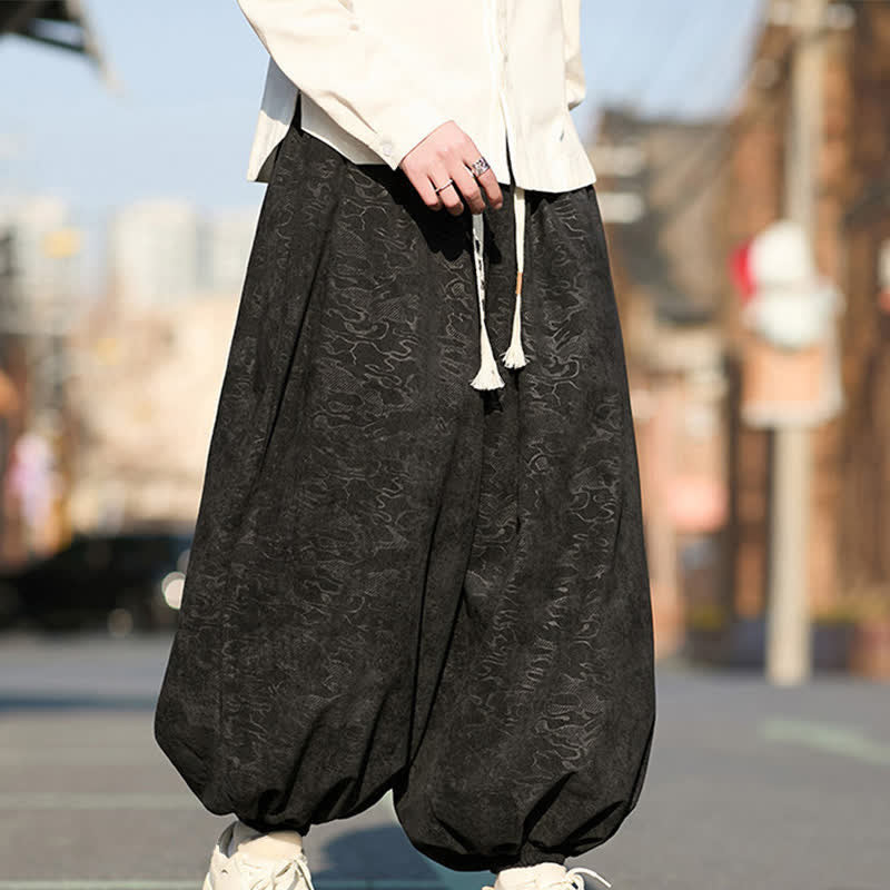 Buddha Stones Black Jacquard Drawstring Elastic Cuff Men's Harem Pants With Pockets - image 3