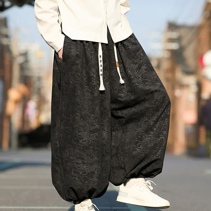 Buddha Stones Black Jacquard Drawstring Elastic Cuff Men's Harem Pants With Pockets - image 7