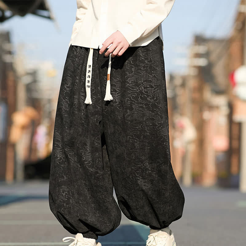 Buddha Stones Black Jacquard Drawstring Elastic Cuff Men's Harem Pants With Pockets - image 1
