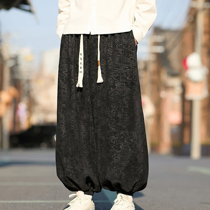 Buddha Stones Black Jacquard Drawstring Elastic Cuff Men's Harem Pants With Pockets - image 2