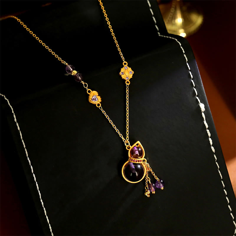 Buddha Stones Gourd Tassel Amethyst Copper Chain Meditation Necklace Pendant - image 2