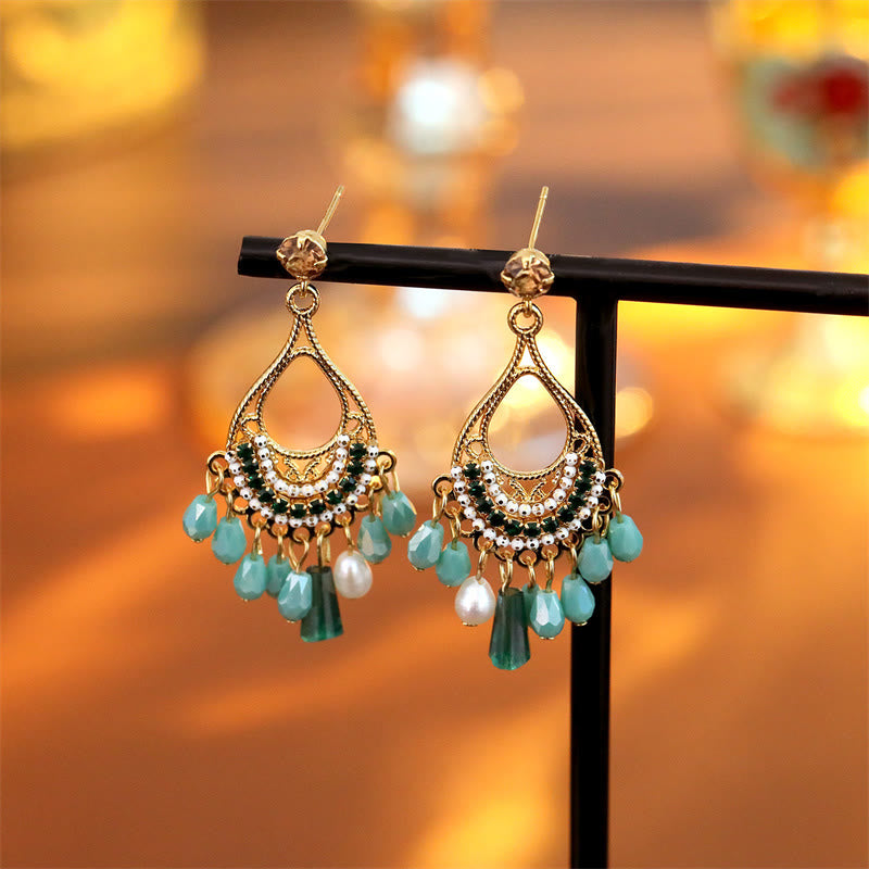 Buddha Stones Teardrop Tassel Copper Self Care Openwork Drop Dangle Earrings - image 0