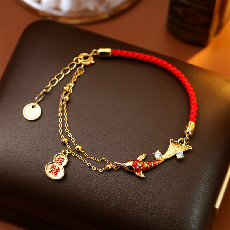 Buddha Stones Koi Fish Attract Wealth Gourd Charm Design Red String Luck Bracelet - Koi Fish(Wrist Circumference: 14-17cm) - image 0