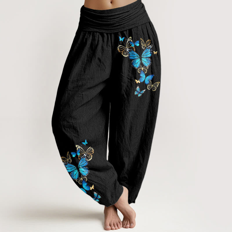 Buddha Stones Cotton Butterfly Pattern Women's Elastic Waist Harem Pants - Black - US16,UK/AU20,EU48 (3XL) - image 0