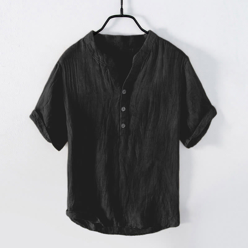 Buddha Stones Solid Color Short Sleeve Half Button Shirt Cotton Linen Men Clothing - Short Sleeve - Black - US/UK/AU50,EU60 (5XL) - image 21
