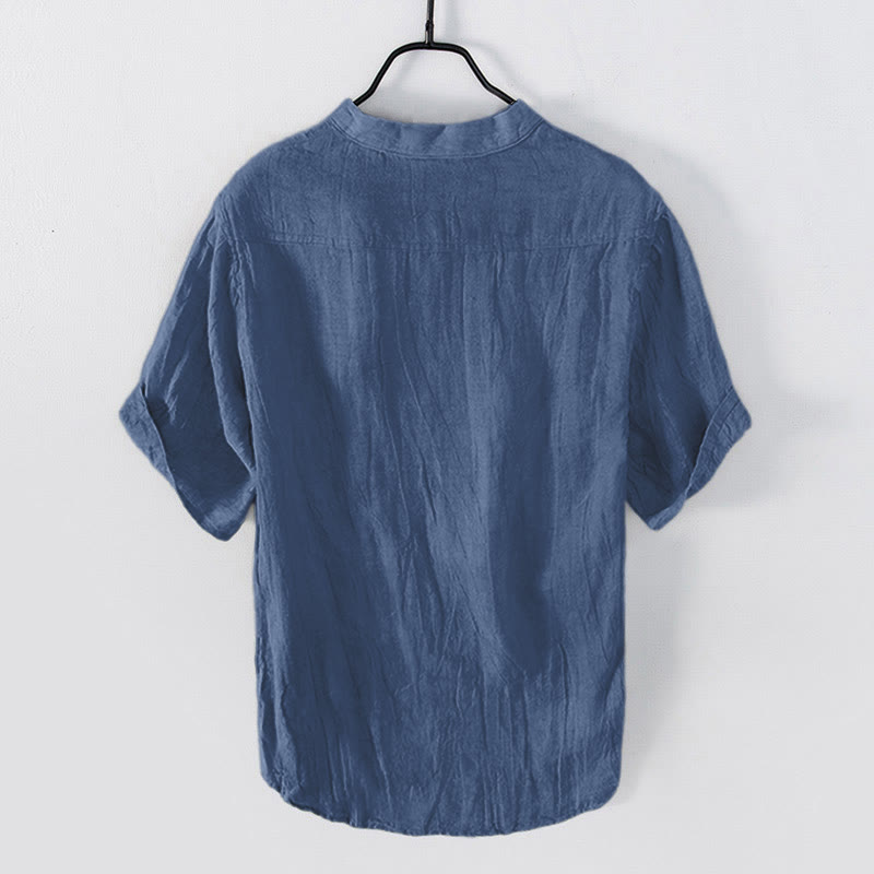 Buddha Stones Solid Color Short Sleeve Half Button Shirt Cotton Linen Men Clothing - image 24