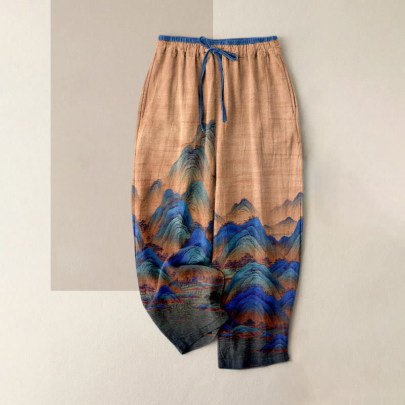 Buddha Stones Pure Cotton Natural Landscape Pattern Women's Elastic Waist Pants With Pockets - BurlyWood - US16,UK/AU20,EU48 (3XL) - image 4