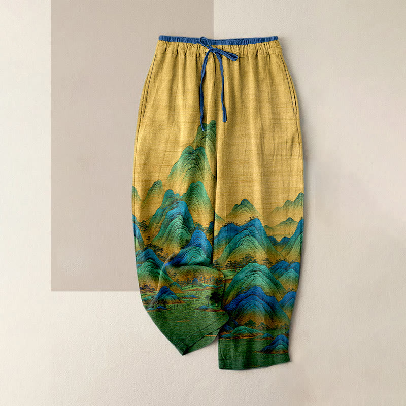 Buddha Stones Pure Cotton Natural Landscape Pattern Women's Elastic Waist Pants With Pockets - Goldenrod - US16,UK/AU20,EU48 (3XL) - image 5