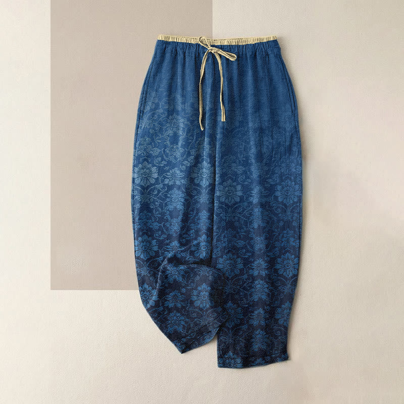 Buddha Stones Pure Cotton Retro Decorative Floral Pattern Women's Elastic Waist Pants With Pockets - SteelBlue - US16,UK/AU20,EU48 (3XL) - image 0