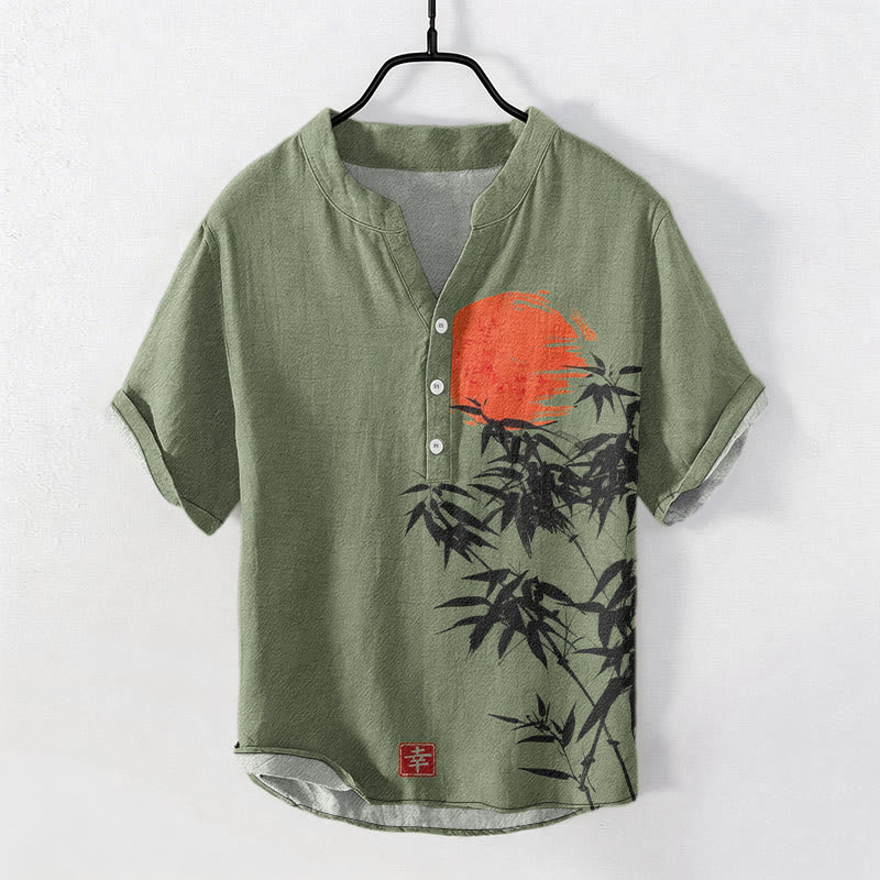 Buddha Stones Cotton Simple Red Sun Bamboo Pattern Men's Short Sleeve Half Button Shirt - DarkSeaGreen - US/UK/AU50,EU60 (5XL) - image 0