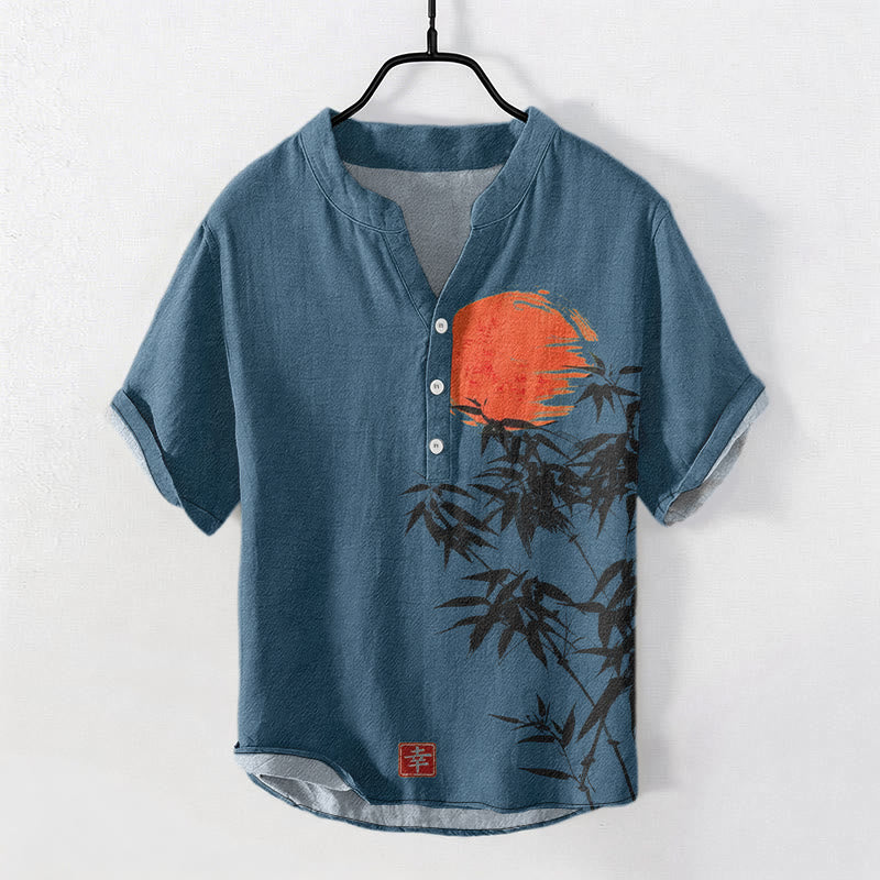 Buddha Stones Cotton Simple Red Sun Bamboo Pattern Men's Short Sleeve Half Button Shirt - SteelBlue - US/UK/AU50,EU60 (5XL) - image 6