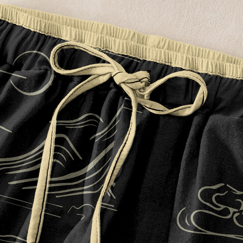 Buddha Stones Cotton Casual Mountain Moon Auspicious Clouds Pattern Women's Elastic Waist Pants With Pockets - image 1