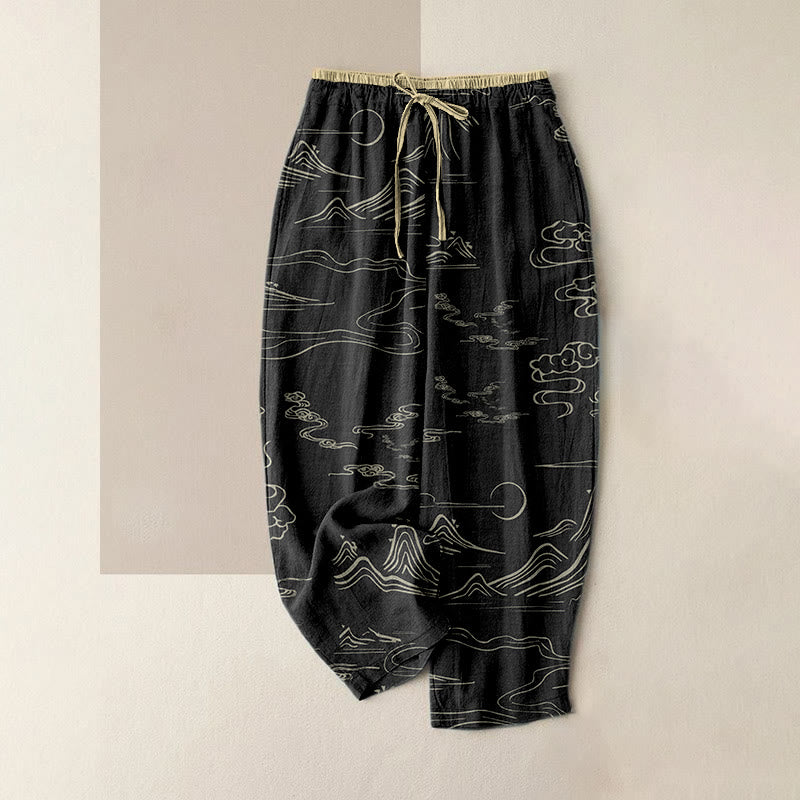 Buddha Stones Cotton Casual Mountain Moon Auspicious Clouds Pattern Women's Elastic Waist Pants With Pockets - Black - US16,UK/AU20,EU48 (3XL) - image 0